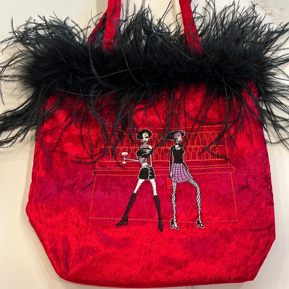 No Brand Handbags - Red Novelty Shoulder Handbag. 2 Very Chic Ladies on front with feathers